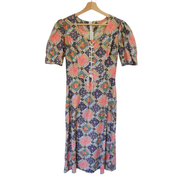 Vintage Patchwork Cotton Puff Sleeve Corset Midi Dress - Picture 3 of 6